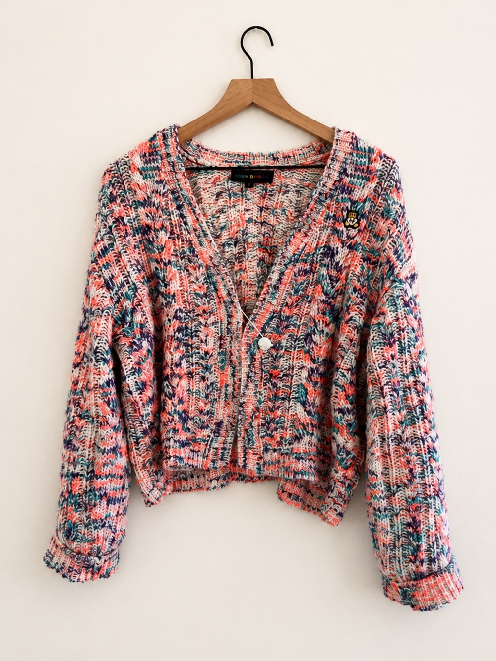 Teddy Fresh Multicolor Cable Knit Cardigan Removable Bear Pin Size S/M